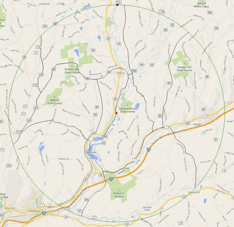 DOAS Oneonta Area Christmas Bird Count radius map.